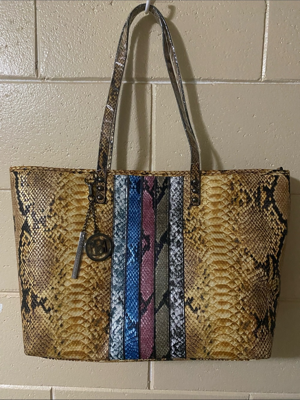 Badgley Mischka Snake-Print Tote with Yellow and Multicolor Stripe Accents